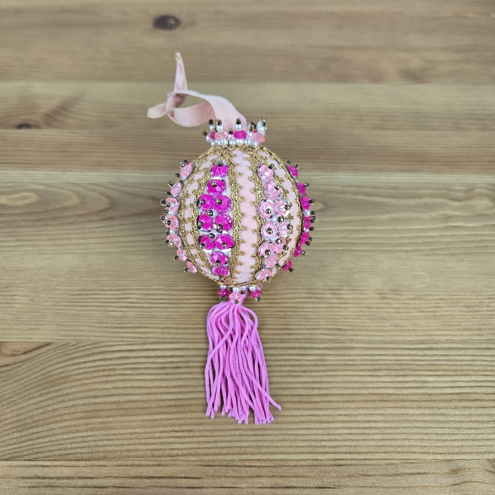 Vtg Pink Fancy Push Pin Beaded Satin Sequin Handmade Christmas Ornament